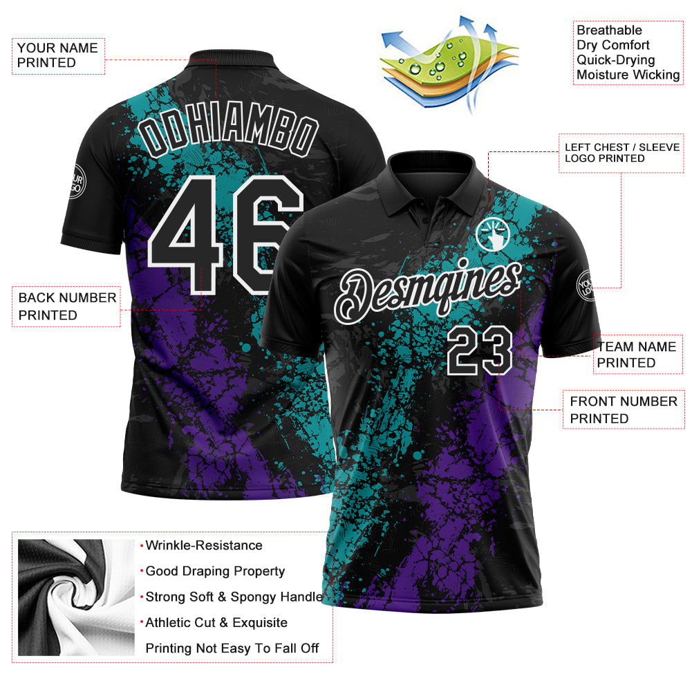 Custom Black Teal Purple-White Dripping Splatter Cracked Texture Performance Polo Shirt