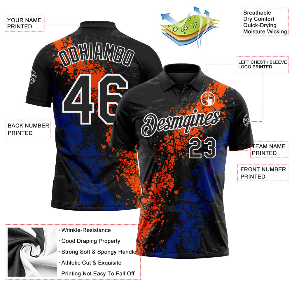 Custom Black Orange Royal-White Dripping Splatter Cracked Texture Performance Polo Shirt