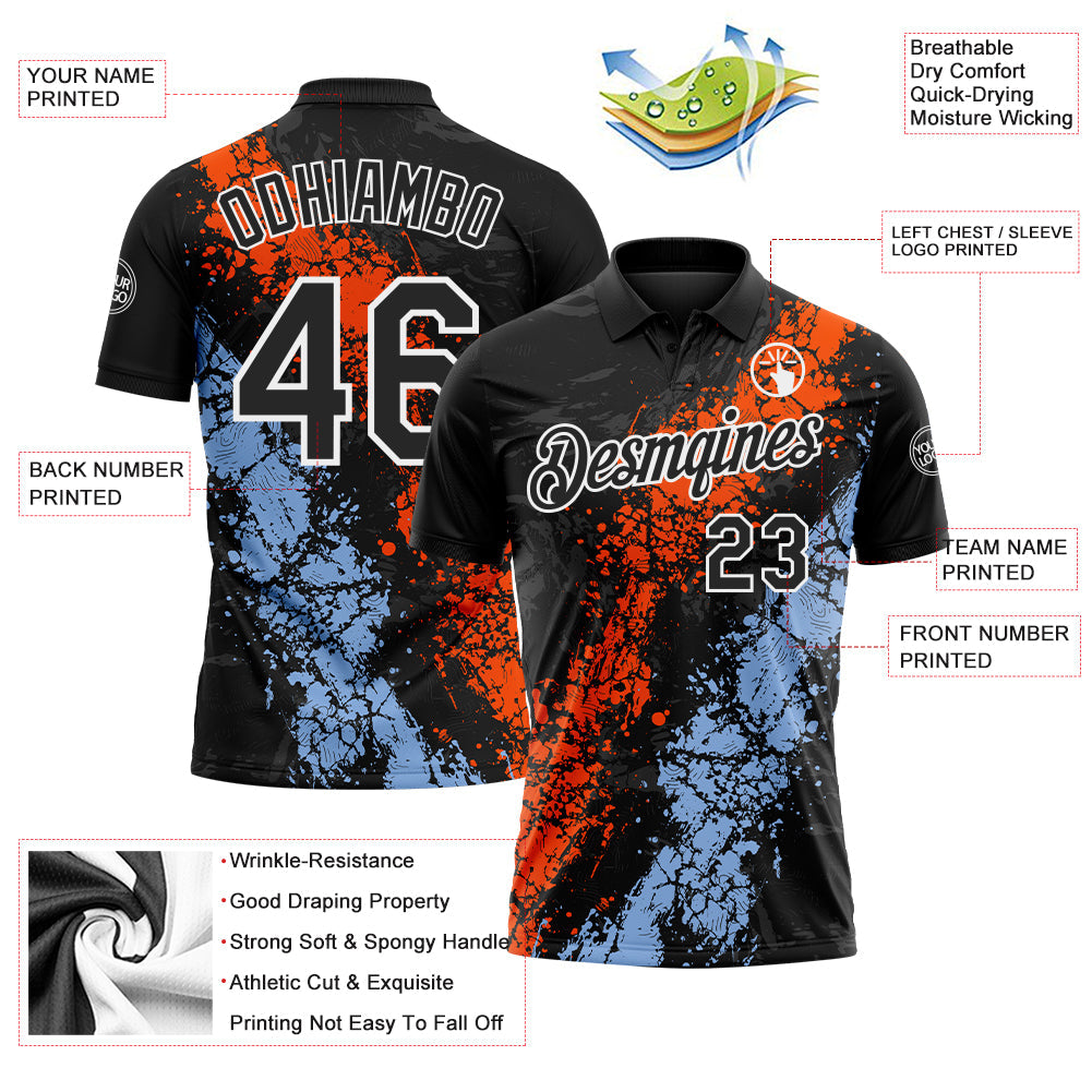 Custom Black Orange Light Blue-White Dripping Splatter Cracked Texture Performance Polo Shirt