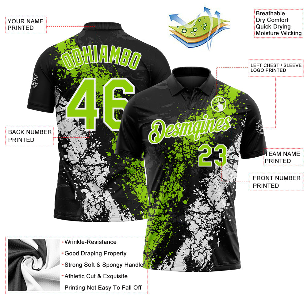 Custom Black Neon Green-White Dripping Splatter Cracked Texture Performance Polo Shirt