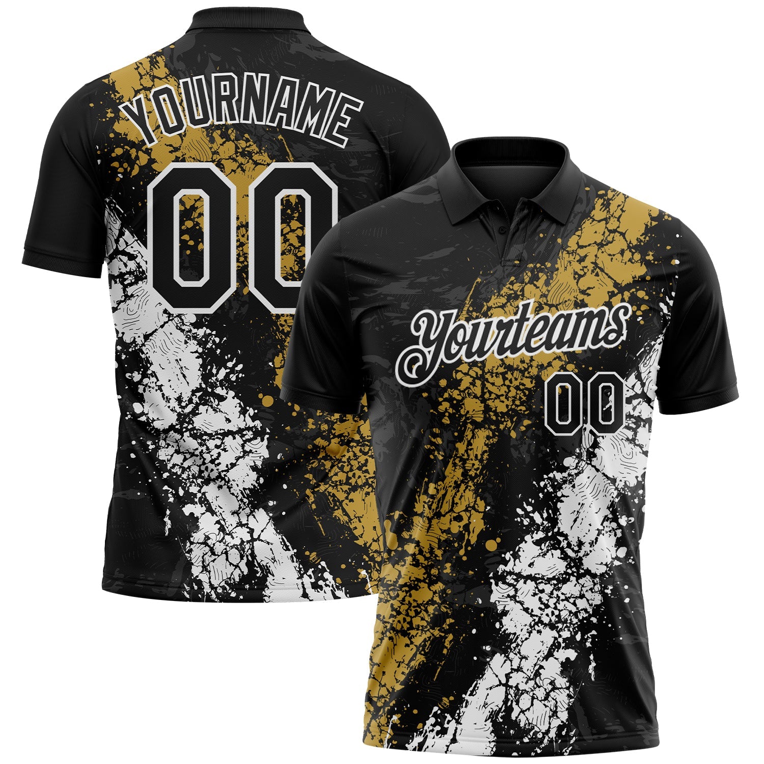 Custom Black Old Gold-White Dripping Splatter Cracked Texture Performance Polo Shirt