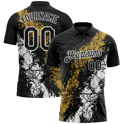 Custom Black Old Gold-White Dripping Splatter Cracked Texture Performance Polo Shirt