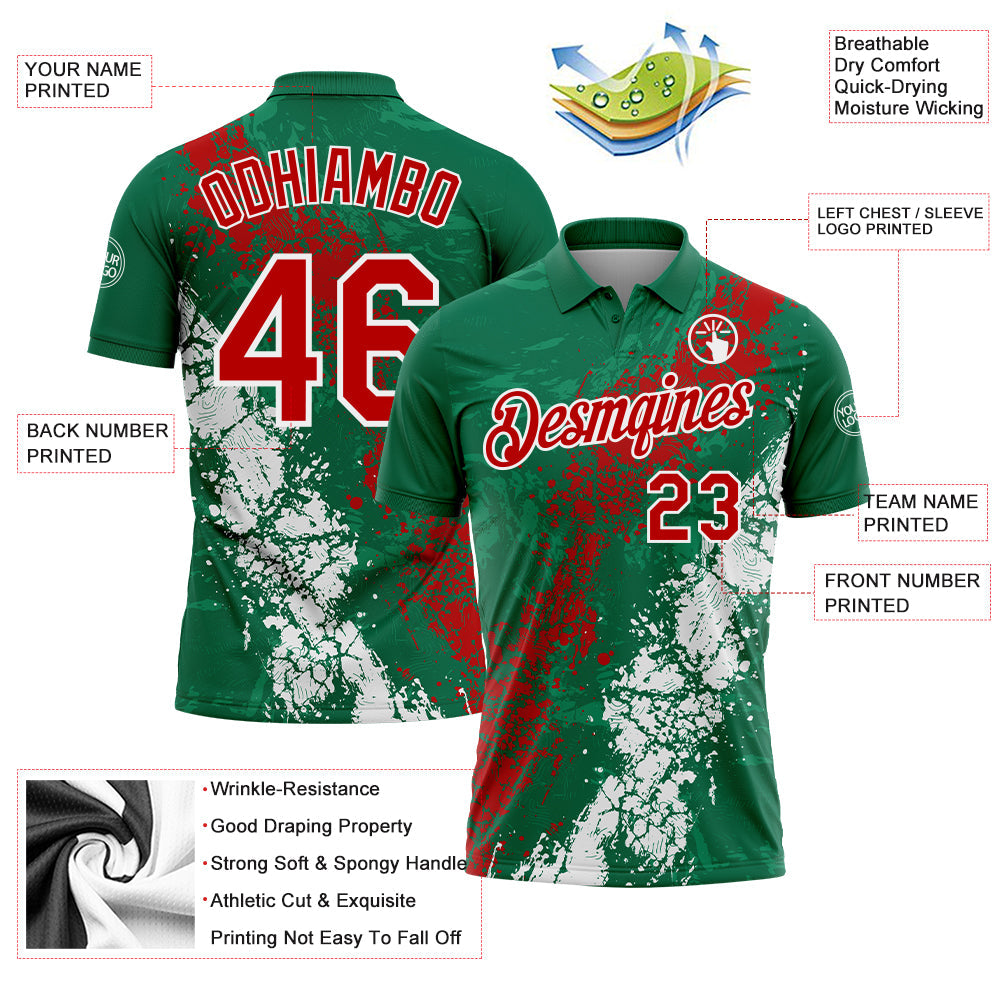 Custom Kelly Green Red-White Dripping Splatter Cracked Texture Performance Polo Shirt