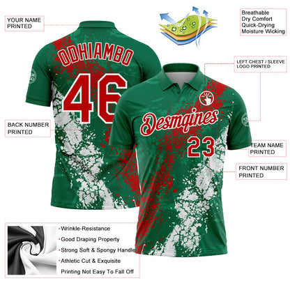 Custom Kelly Green Red-White Dripping Splatter Cracked Texture Performance Polo Shirt