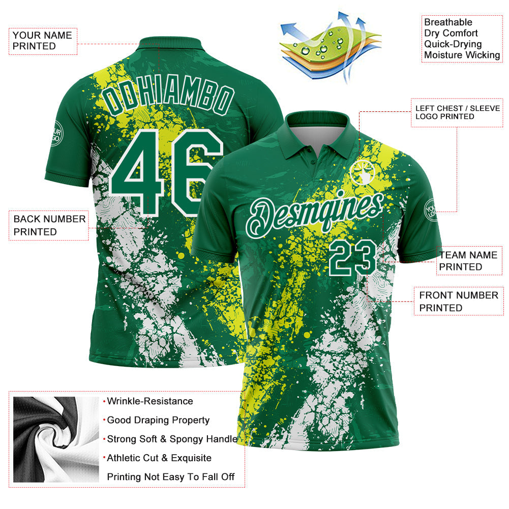 Custom Kelly Green Neon Yellow-White Dripping Splatter Cracked Texture Performance Polo Shirt