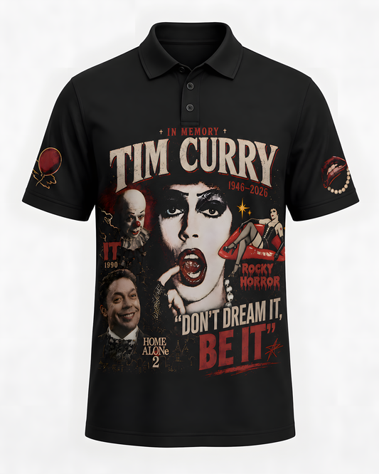 Tim Curry Memorial Tribute Polo Shirt — Vintage Horror Legend Graphic Shirt