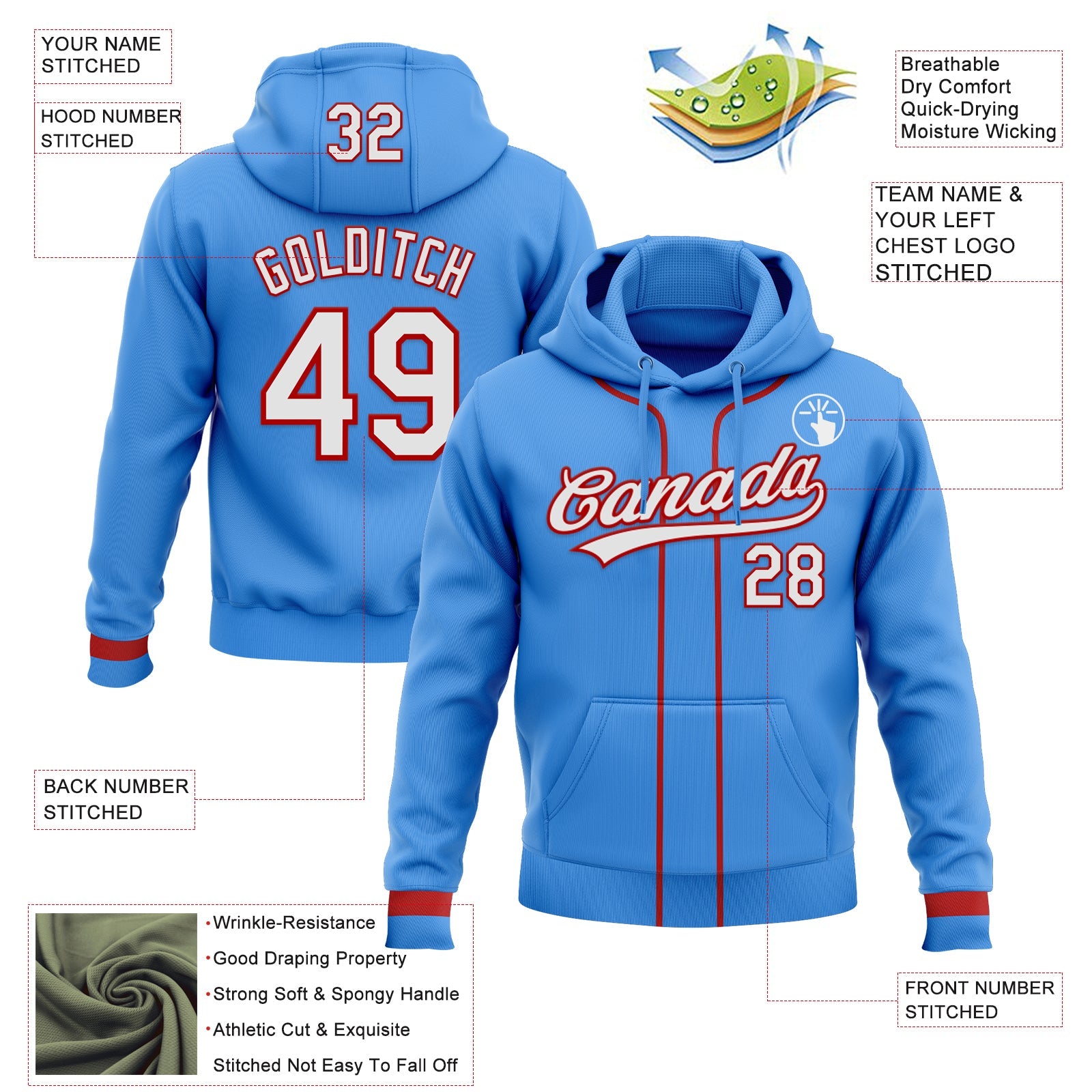 Custom Stitched Powder Blue White-Red Baseball Pullover Sweatshirt Hoodie