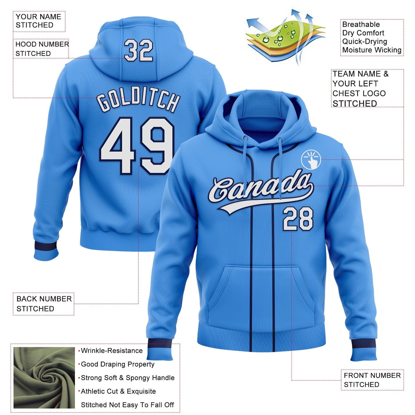Custom Stitched Powder Blue White-Navy Baseball Pullover Sweatshirt Hoodie