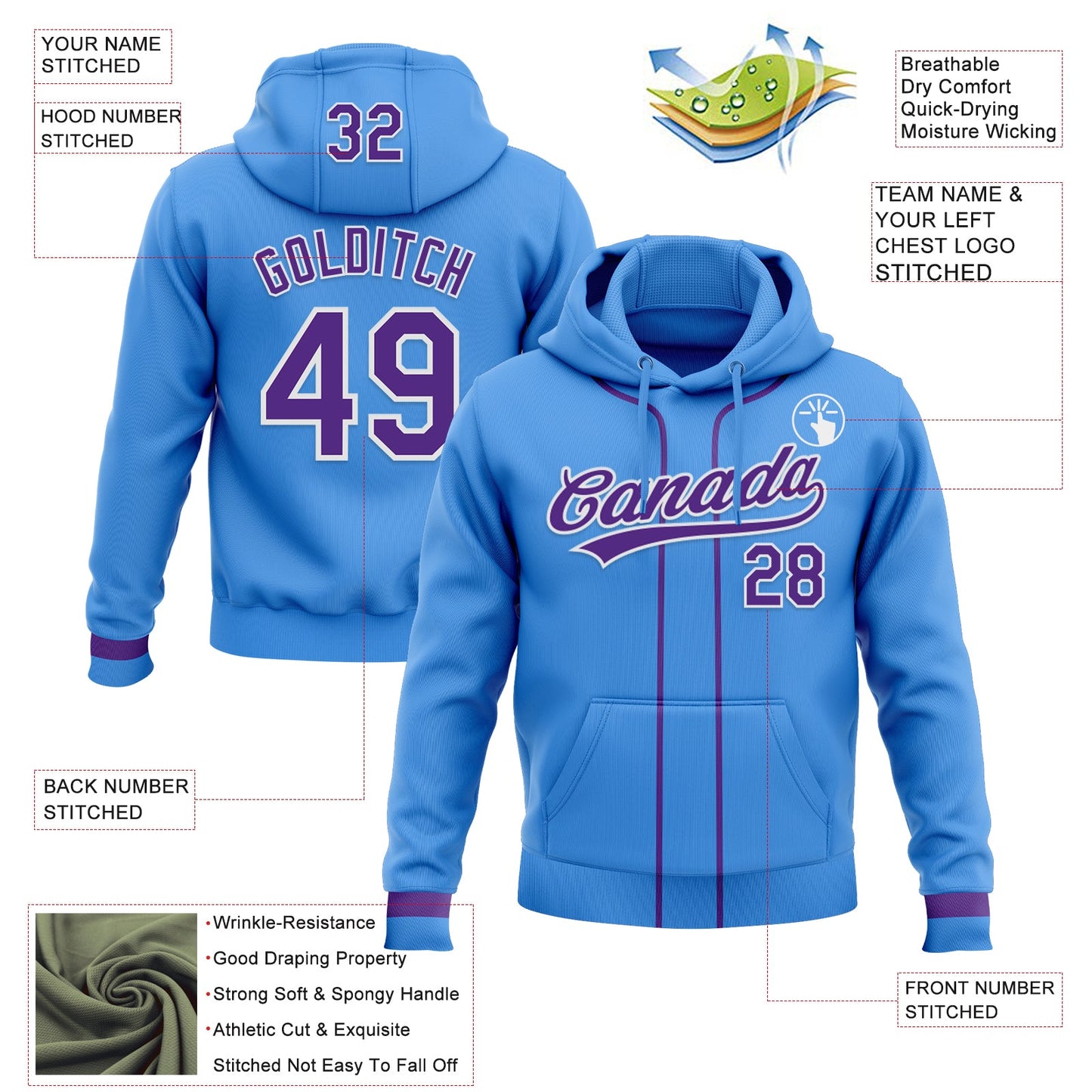 Custom Stitched Powder Blue Purple-White Baseball Pullover Sweatshirt Hoodie