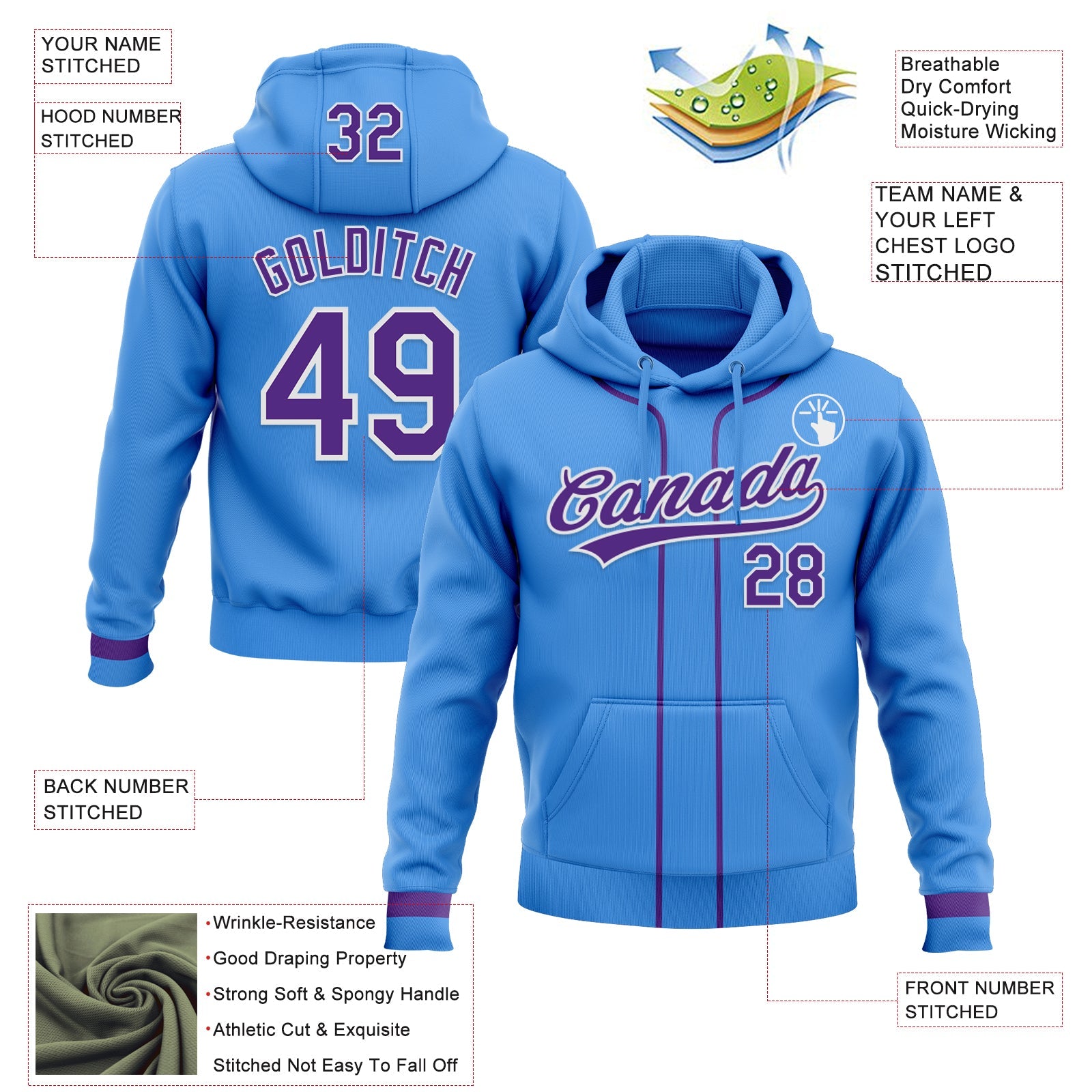 Custom Stitched Powder Blue Purple-White Baseball Pullover Sweatshirt Hoodie