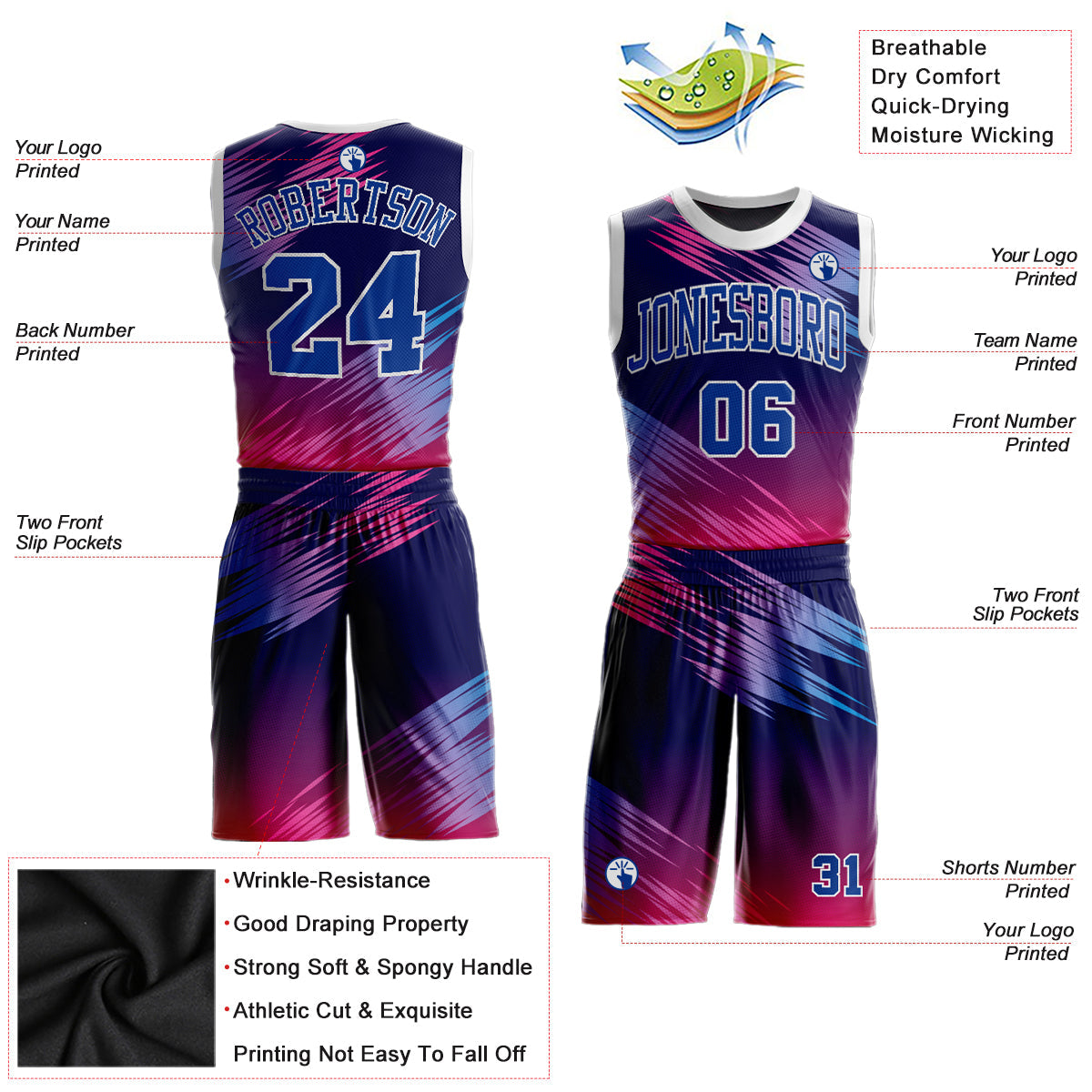 Custom Purple Royal-Pink Round Neck Sublimation Basketball Uniform Jersey