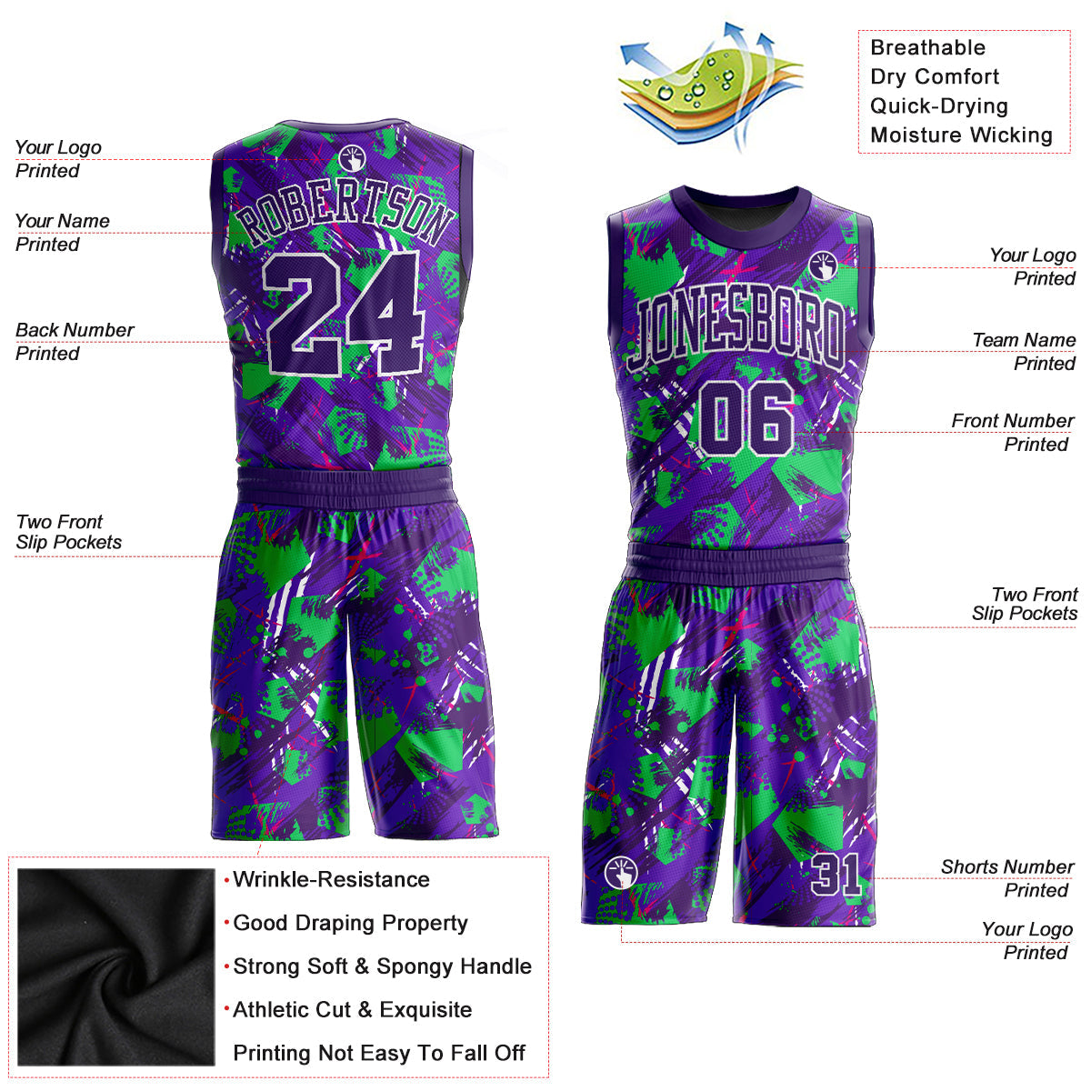 Custom Purple Purple-White Music Festival Round Neck Sublimation Basketball Uniform Jersey