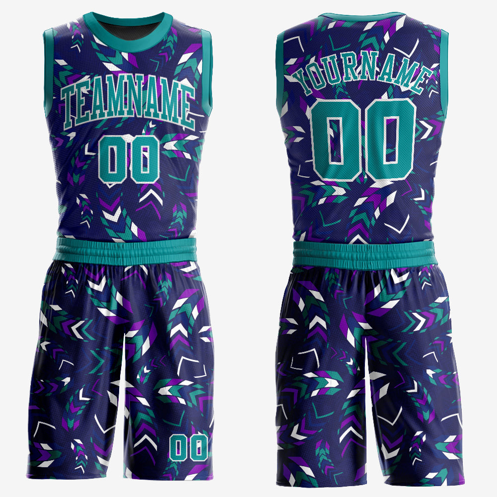 Custom Purple Aqua-White Music Festival Round Neck Sublimation Basketball Uniform Jersey