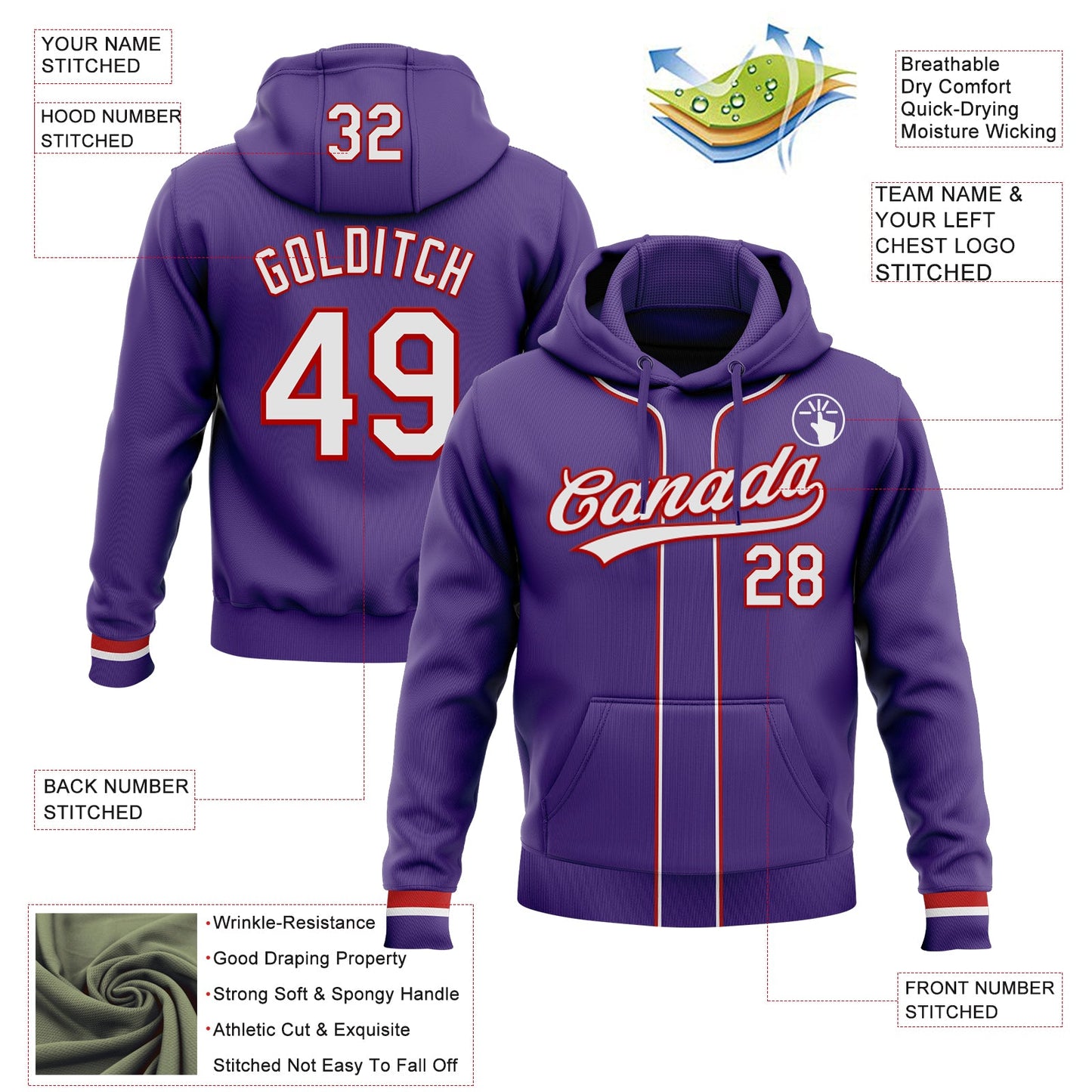 Custom Stitched Purple White-Red Baseball Pullover Sweatshirt Hoodie
