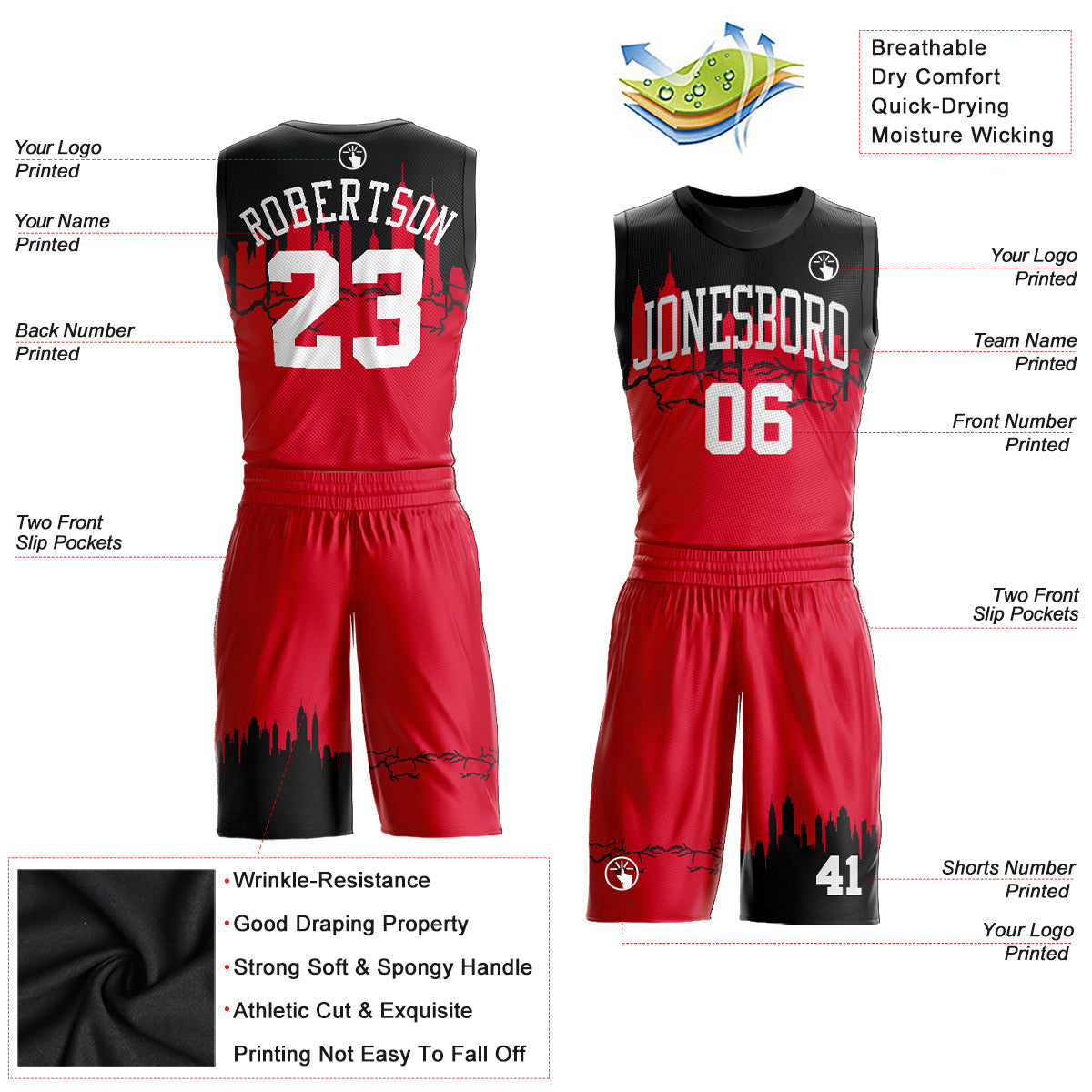 Custom Red White-Black Round Neck Sublimation Basketball Uniform Jersey