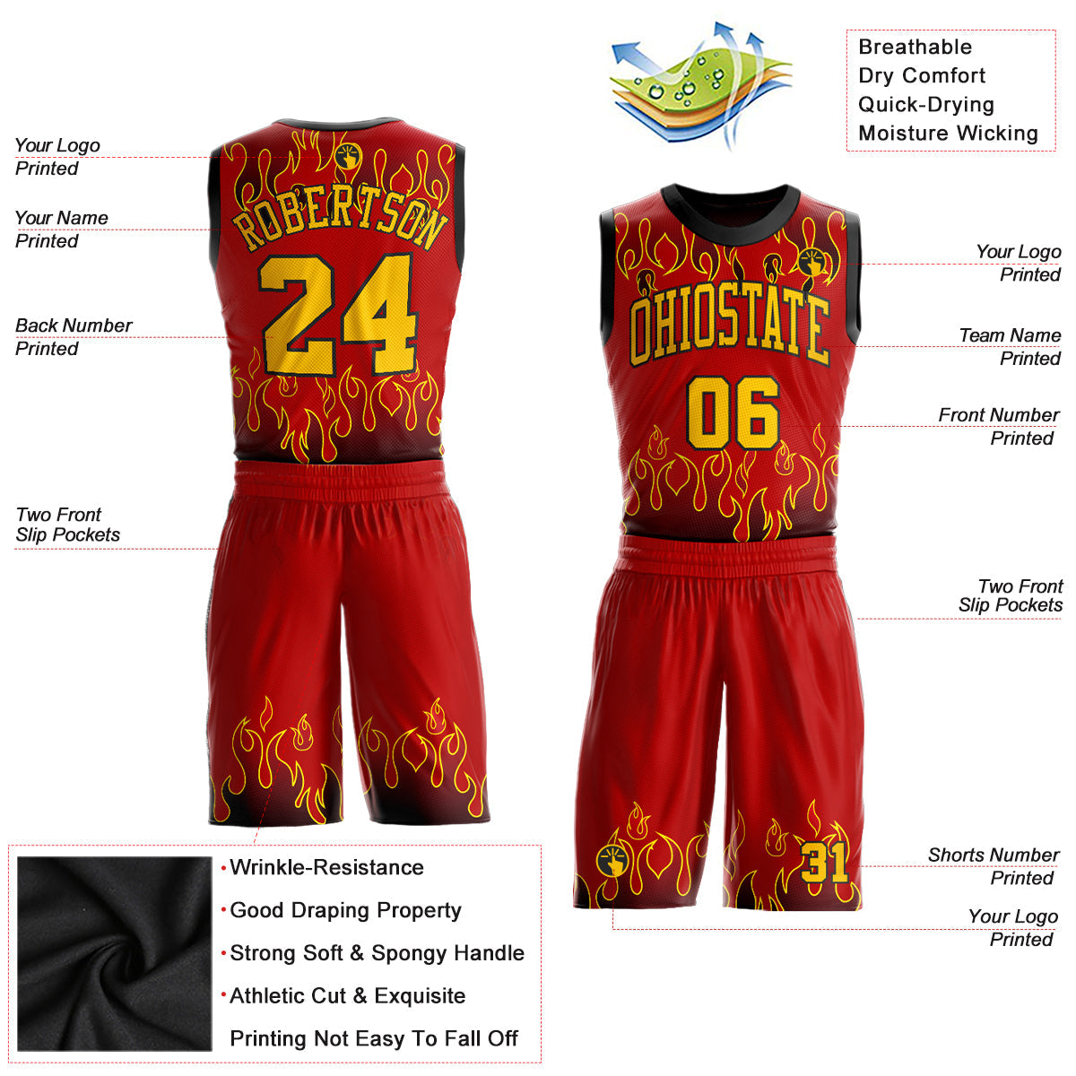 Custom Red Gold-Black Flame Round Neck Sublimation Basketball Uniform Jersey