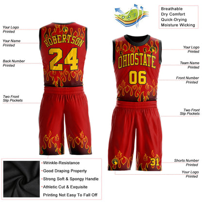 Custom Red Gold-Black Flame Round Neck Sublimation Basketball Uniform Jersey