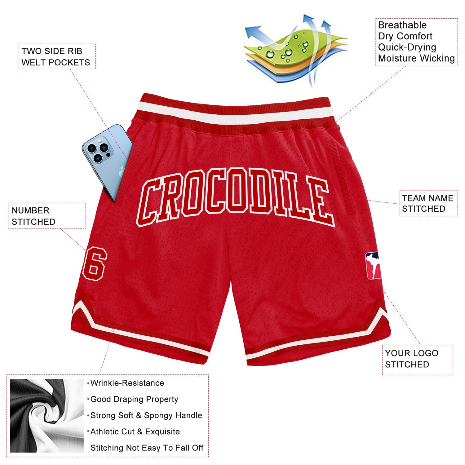 Custom Red Red-White Authentic Throwback Basketball Shorts