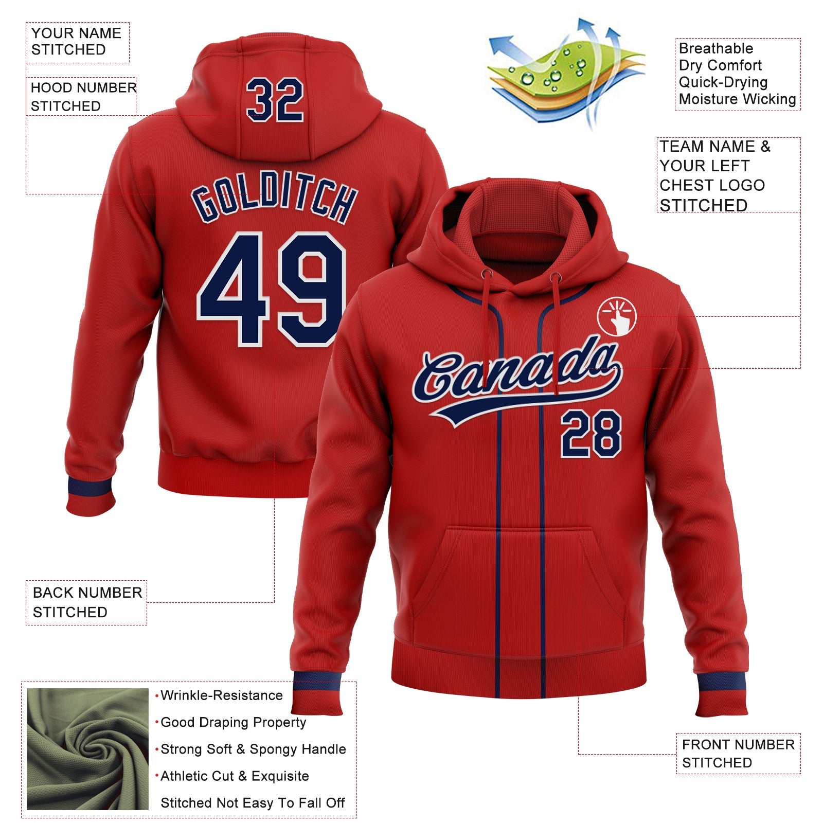 Custom Stitched Red Navy-White Baseball Pullover Sweatshirt Hoodie