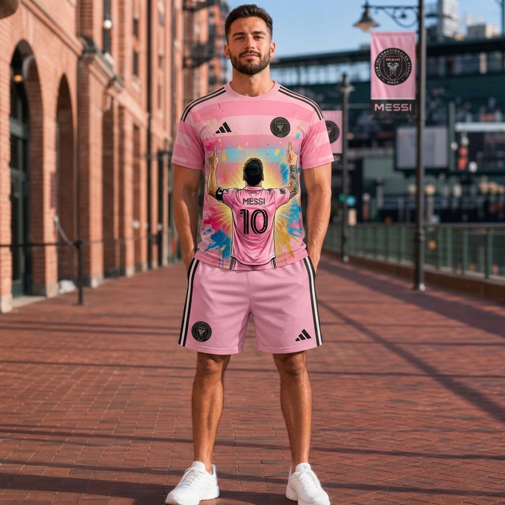 Special Edition Football Legend T-Shirt + Shorts Set, Pink Soccer Fan Outfit