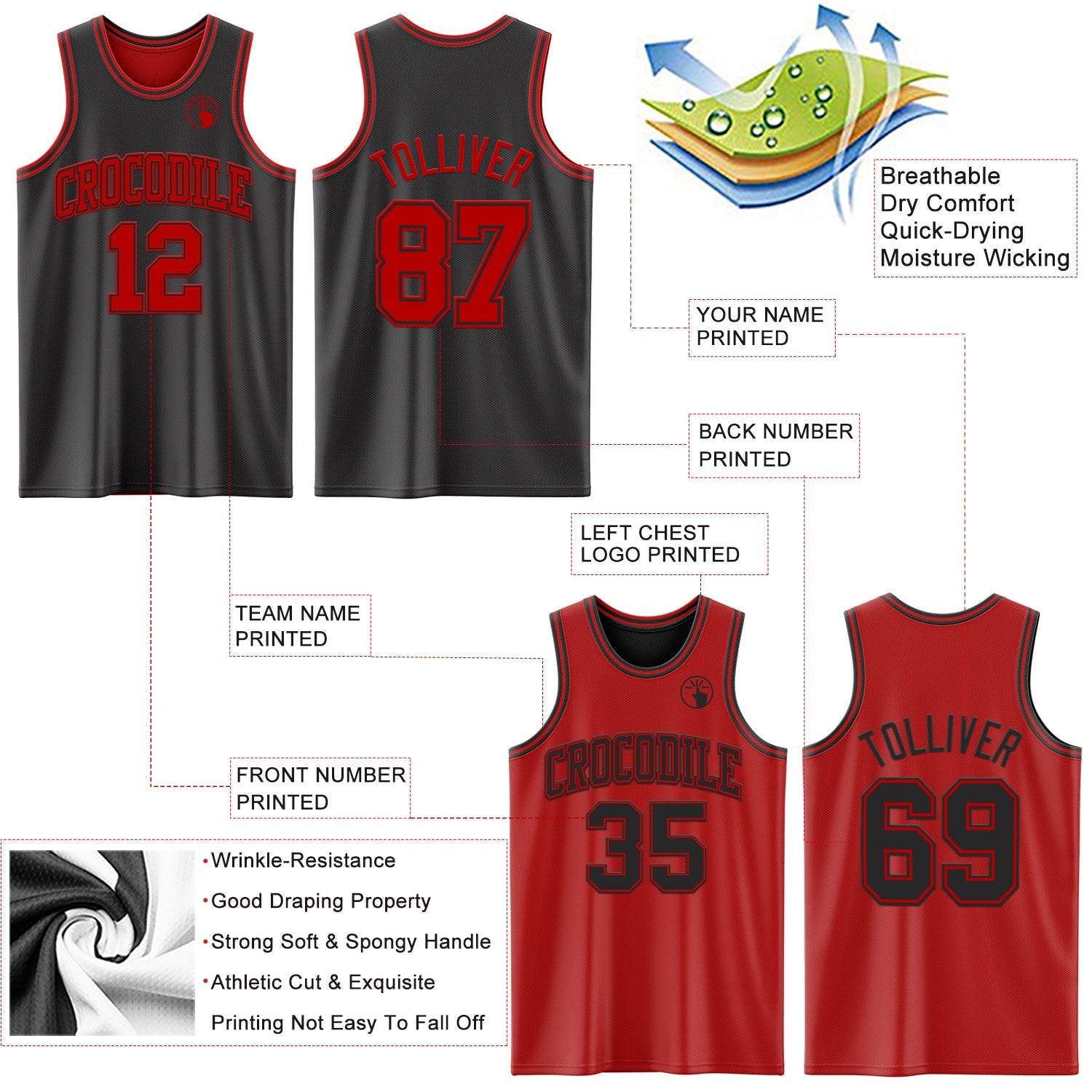 Custom Reversible Black Red Double Side Sublimation Basketball Set Jersey