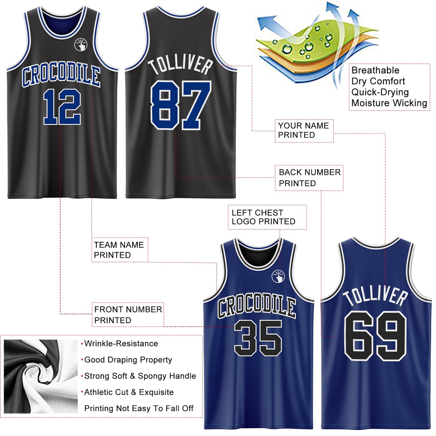 Custom Reversible Black Royal-White Double Side Sublimation Basketball Set Jersey