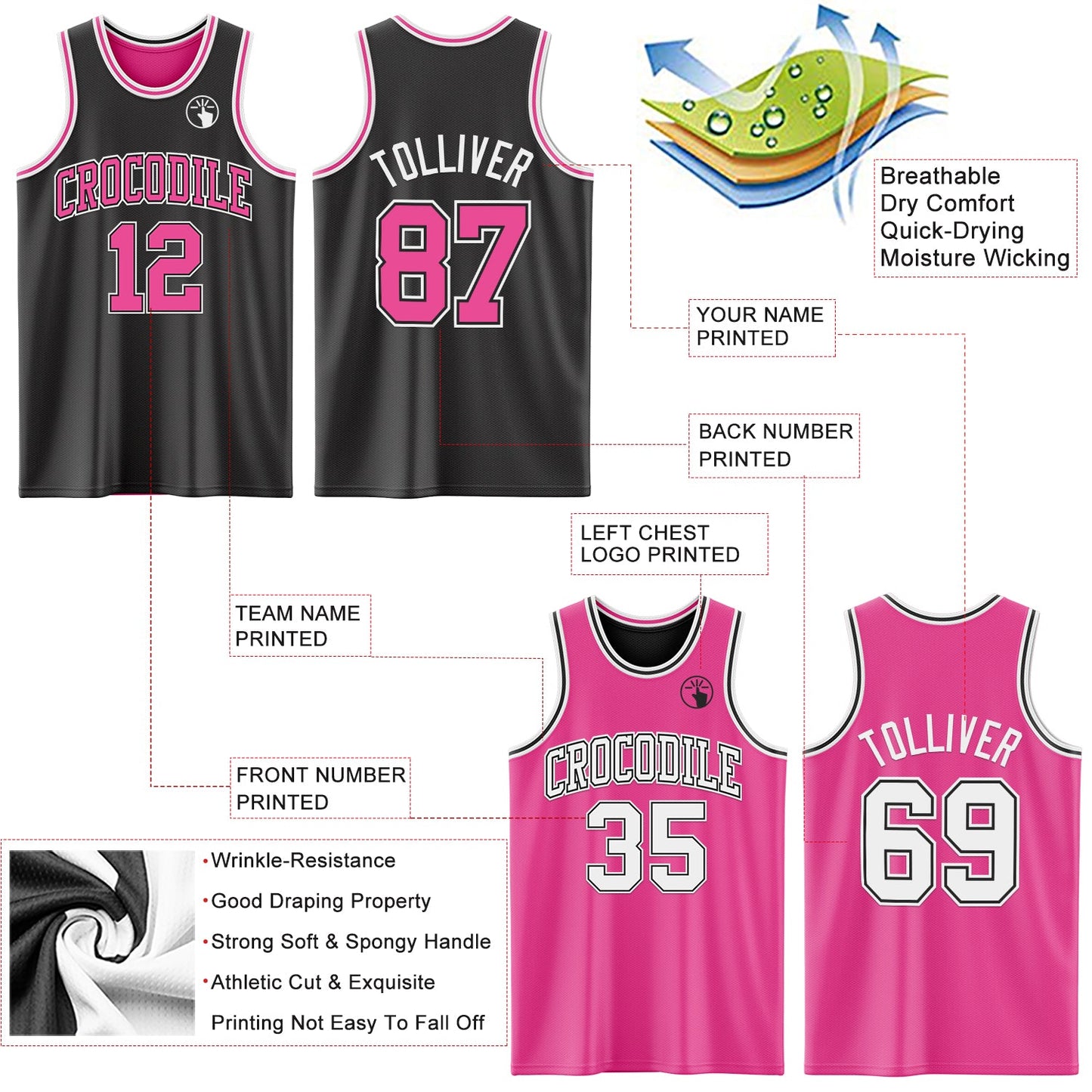Custom Reversible Black Pink-White Double Side Sublimation Basketball Set Jersey