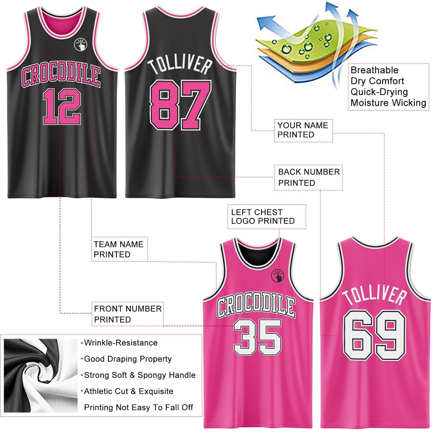 Custom Reversible Black Pink-White Double Side Sublimation Basketball Set Jersey