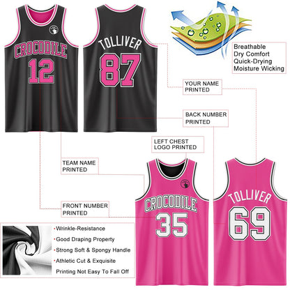 Custom Reversible Black Pink-White Double Side Sublimation Basketball Set Jersey