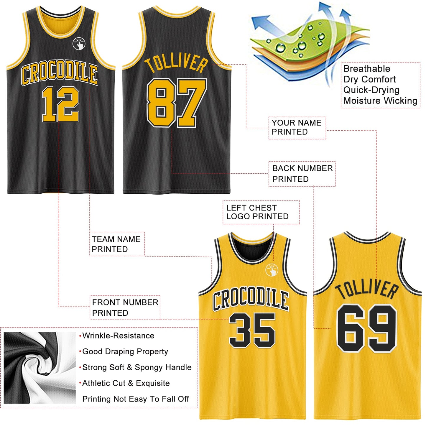Custom Reversible Black Gold-White Double Side Sublimation Basketball Set Jersey