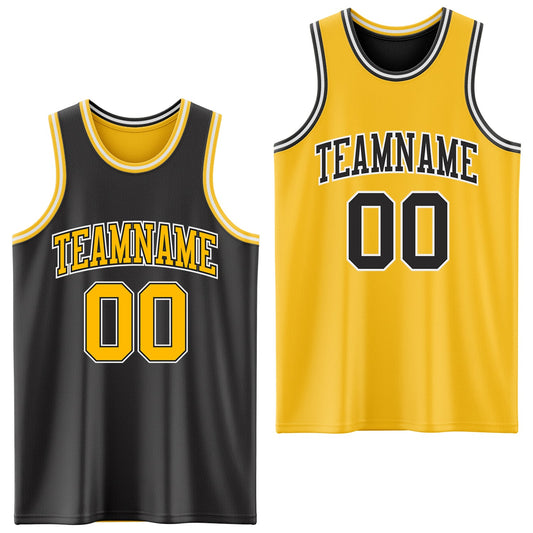 Custom Reversible Black Gold-White Double Side Sublimation Basketball Set Jersey