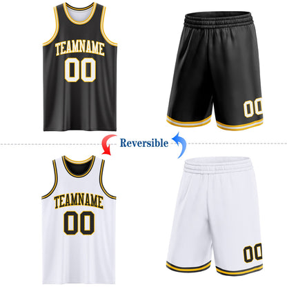 Custom Reversible Black White-Gold Double Side Sublimation Basketball Set Jersey