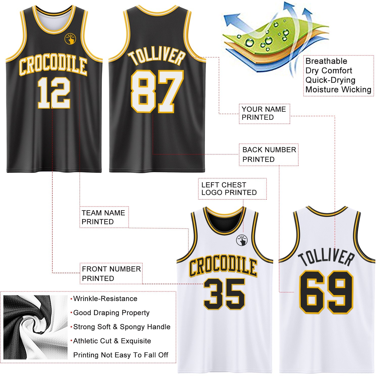 Custom Reversible Black White-Gold Double Side Sublimation Basketball Set Jersey