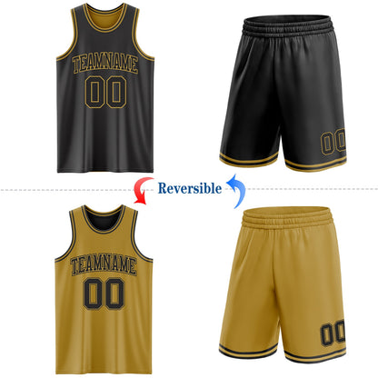 Custom Reversible Black Old Gold Double Side Sublimation Basketball Set Jersey