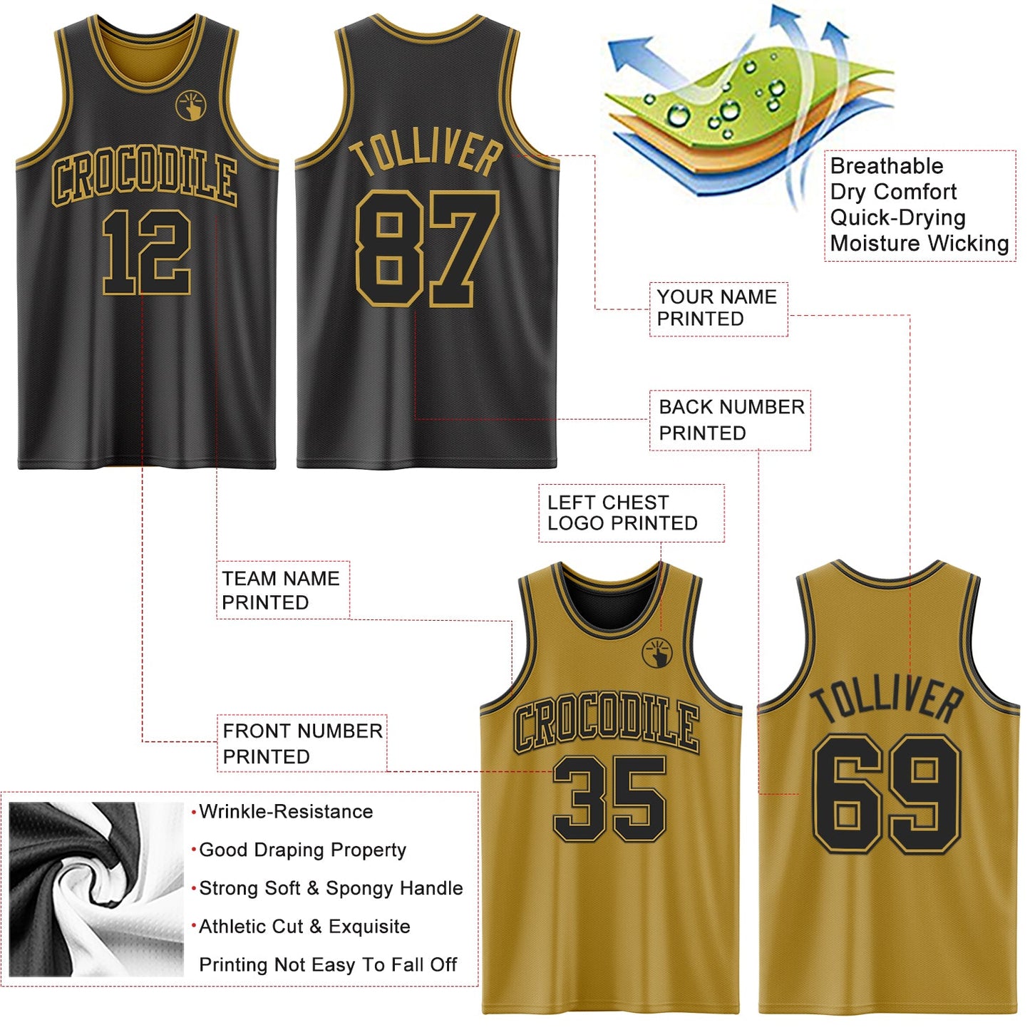Custom Reversible Black Old Gold Double Side Sublimation Basketball Set Jersey