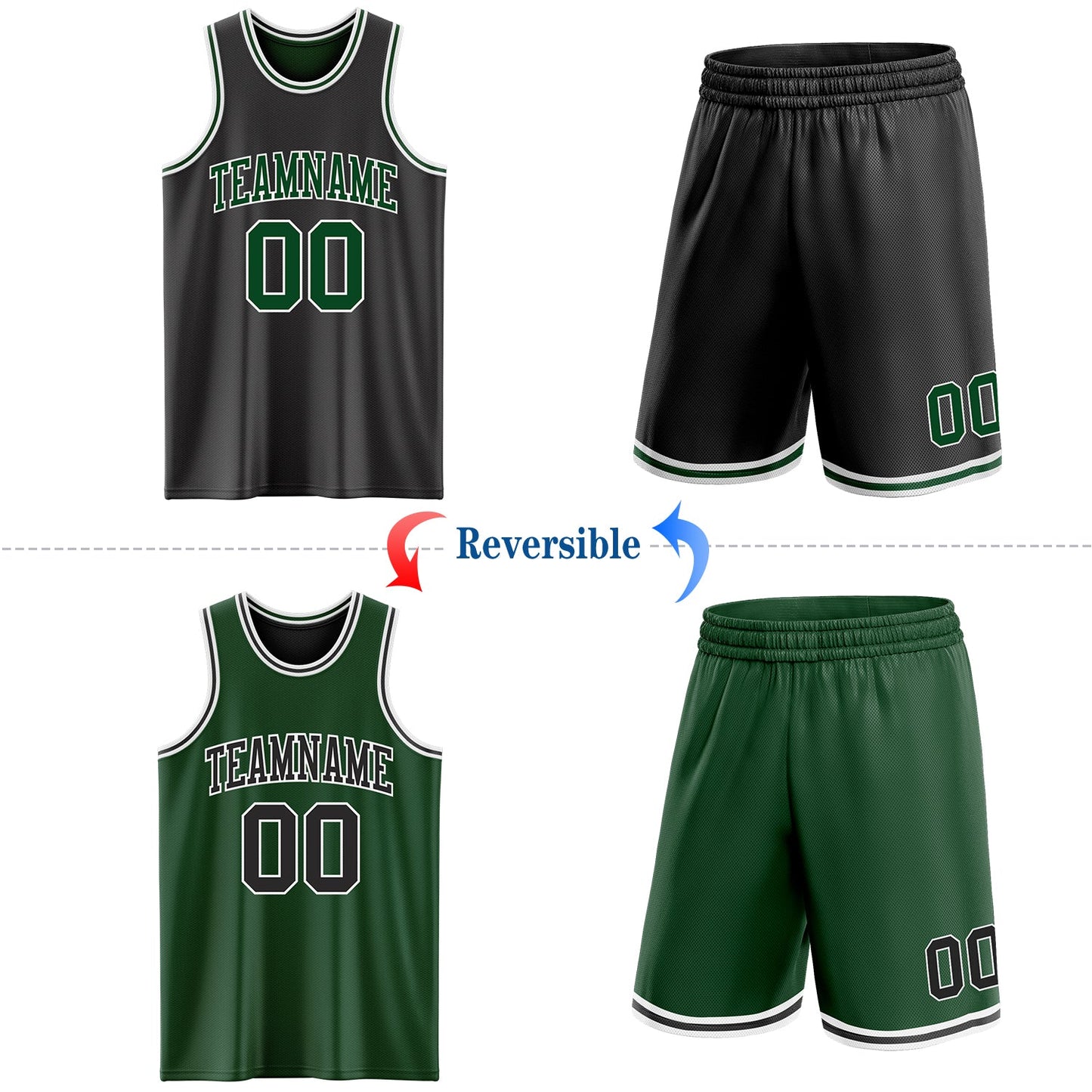 Custom Reversible Black Green-White Double Side Sublimation Basketball Set Jersey