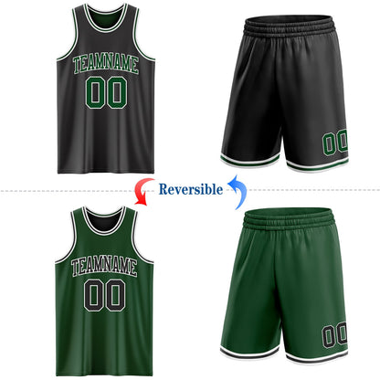 Custom Reversible Black Green-White Double Side Sublimation Basketball Set Jersey