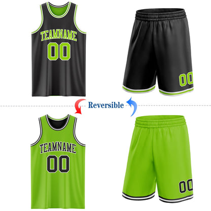 Custom Reversible Black Neon Green-White Double Side Sublimation Basketball Set Jersey