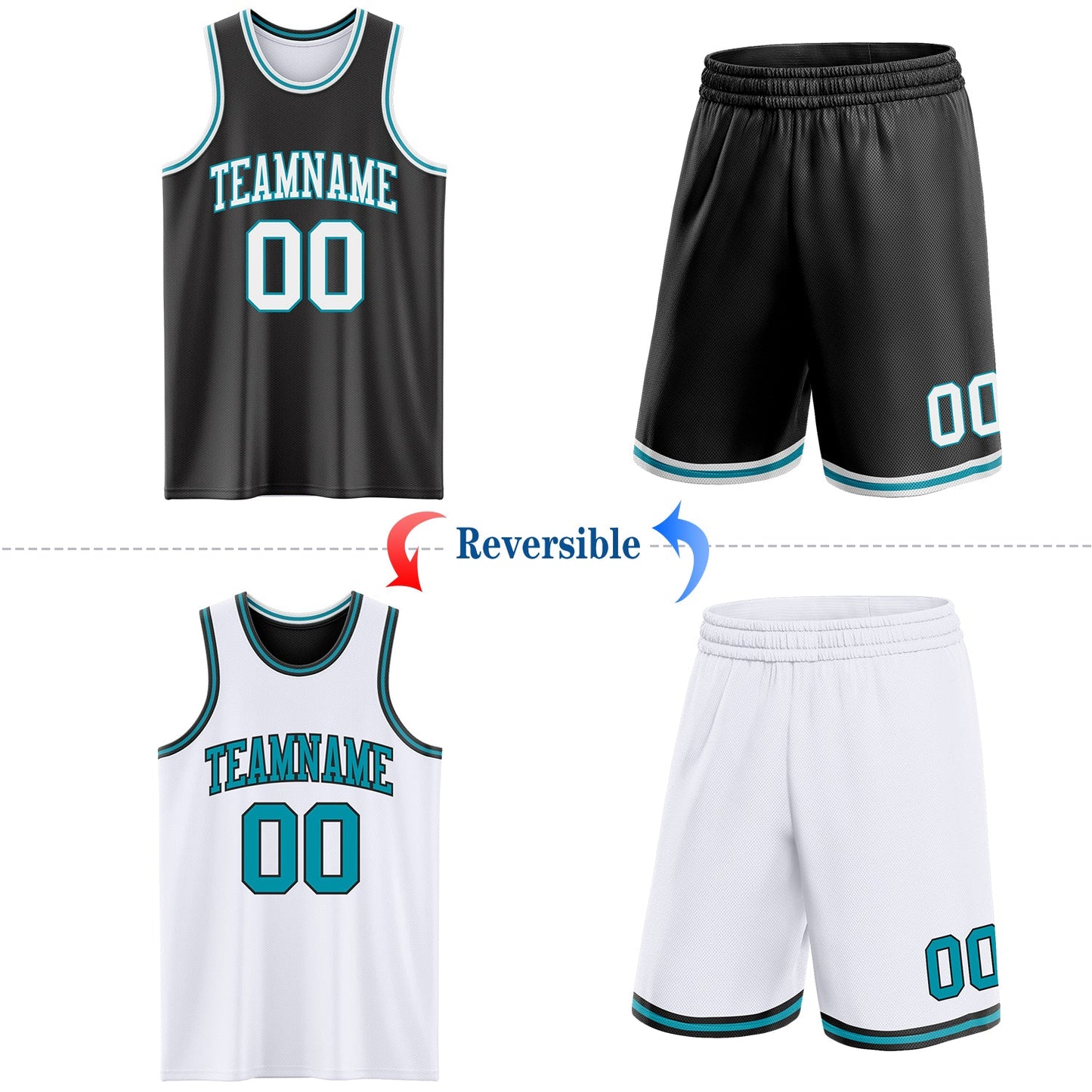 Custom Reversible Black White-Teal Double Side Sublimation Basketball Set Jersey
