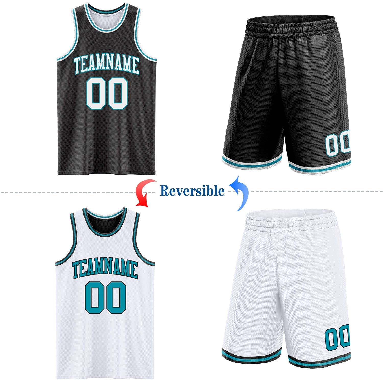 Custom Reversible Black White-Teal Double Side Sublimation Basketball Set Jersey