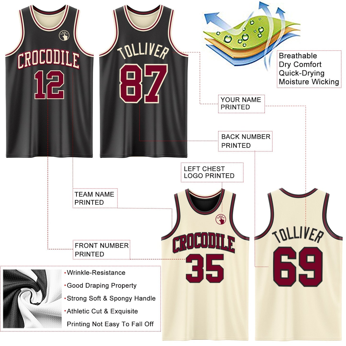 Custom Reversible Black Maroon-Cream Double Side Sublimation Basketball Set Jersey