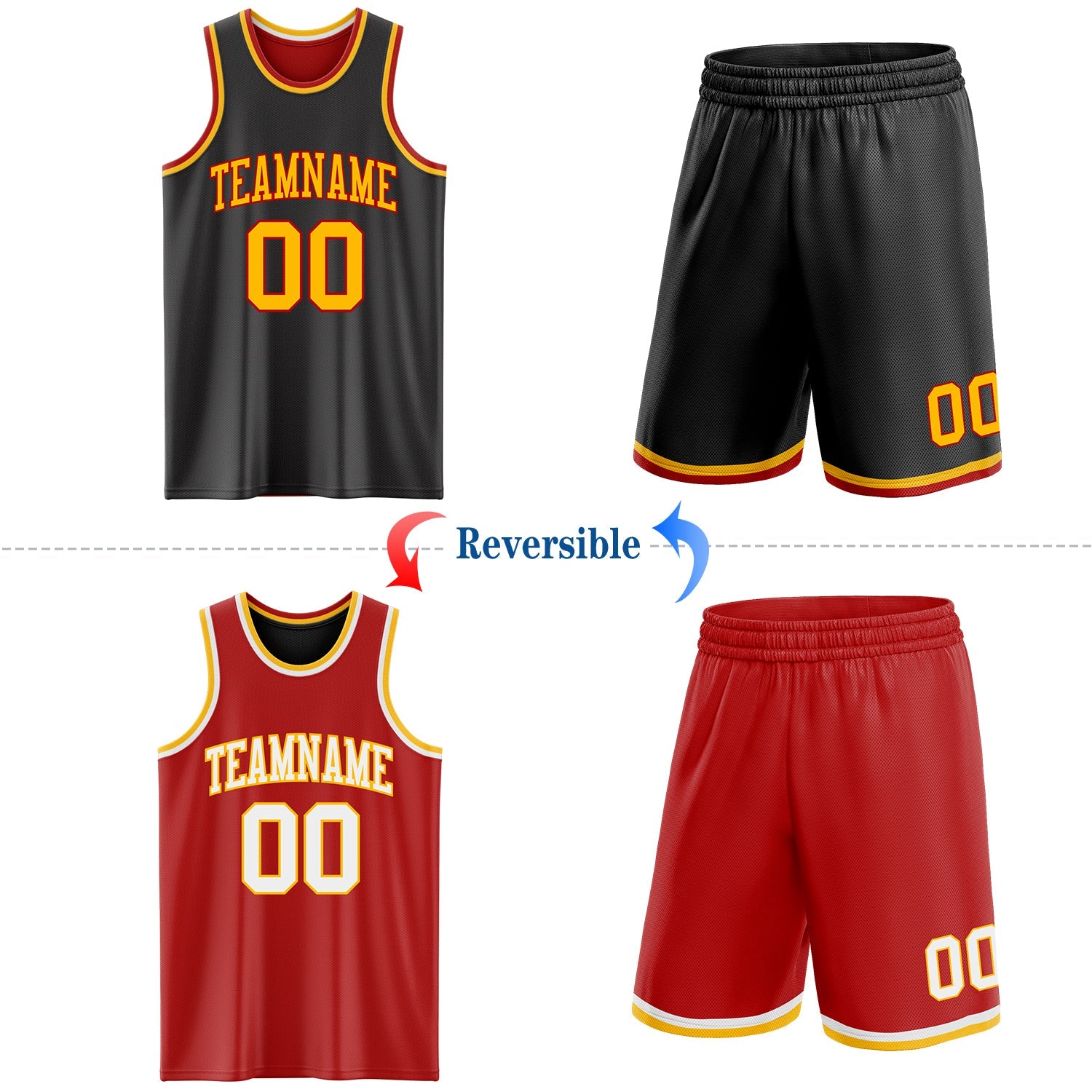 Custom Reversible Black Gold-Red Double Side Sublimation Basketball Set Jersey