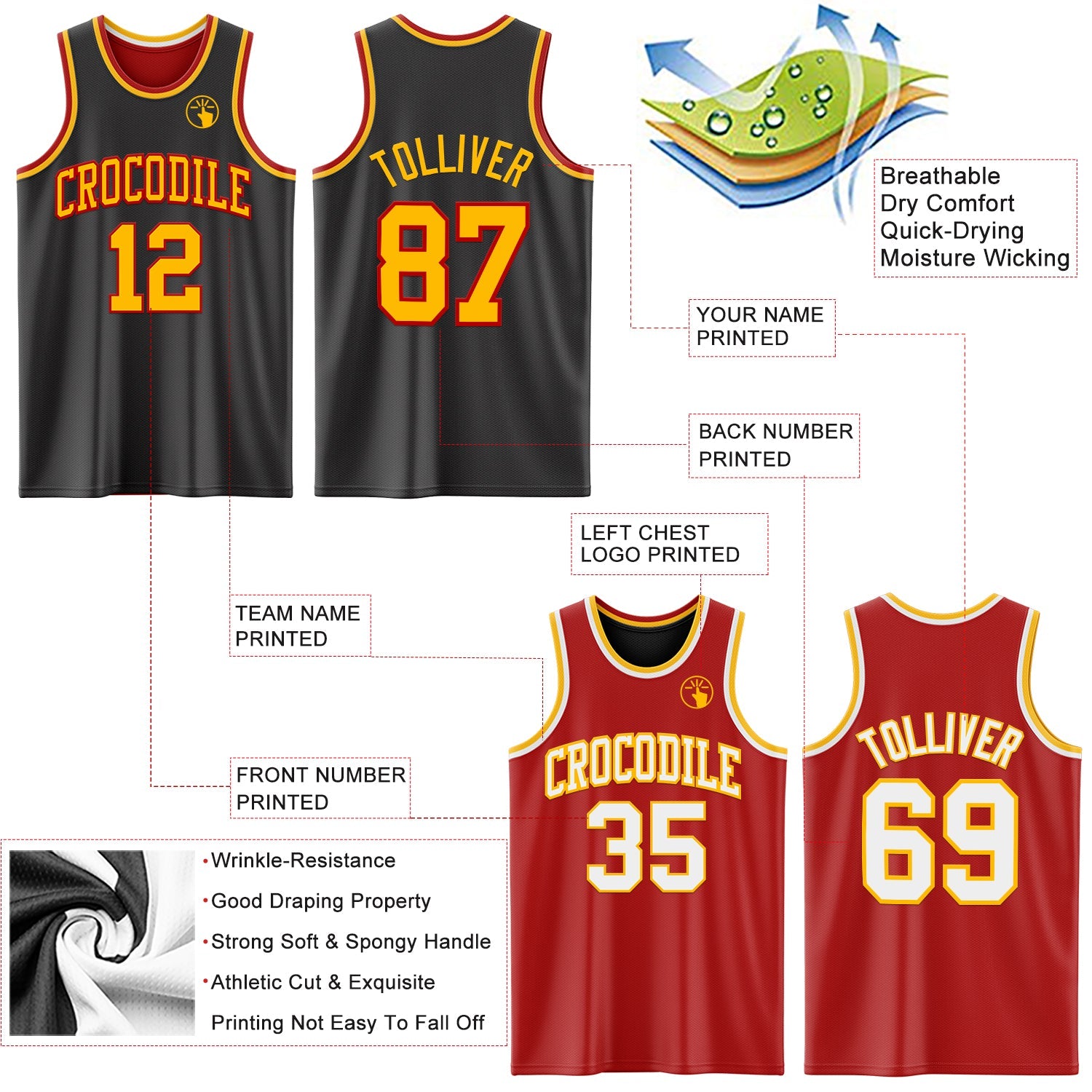 Custom Reversible Black Gold-Red Double Side Sublimation Basketball Set Jersey