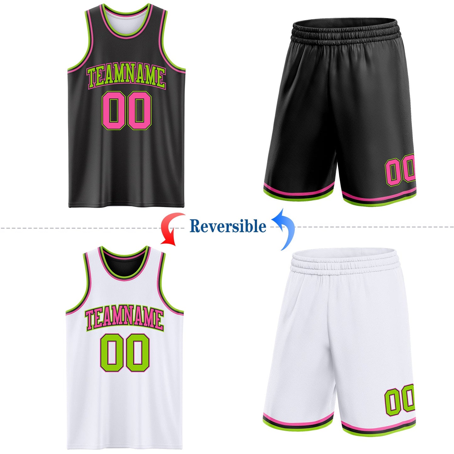 Custom Reversible Black Pink-Neon Green Double Side Sublimation Basketball Set Jersey