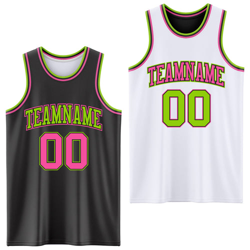 Custom Reversible Black Pink-Neon Green Double Side Sublimation Basketball Set Jersey