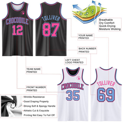 Custom Reversible Black Pink-Light Blue Double Side Sublimation Basketball Set Jersey