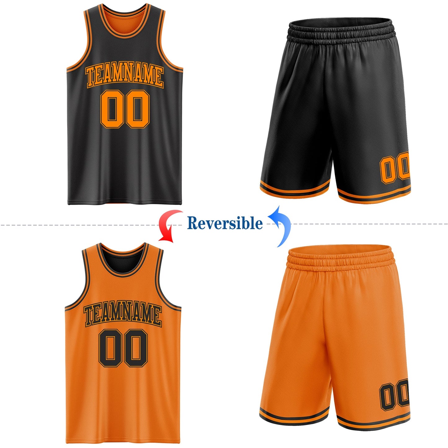 Custom Reversible Black Bay Orange Double Side Sublimation Basketball Set Jersey