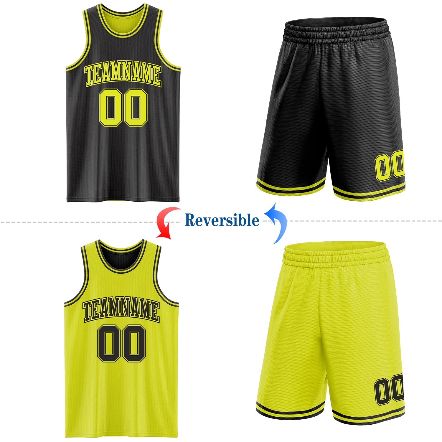Custom Reversible Black Neon Yellow Double Side Sublimation Basketball Set Jersey