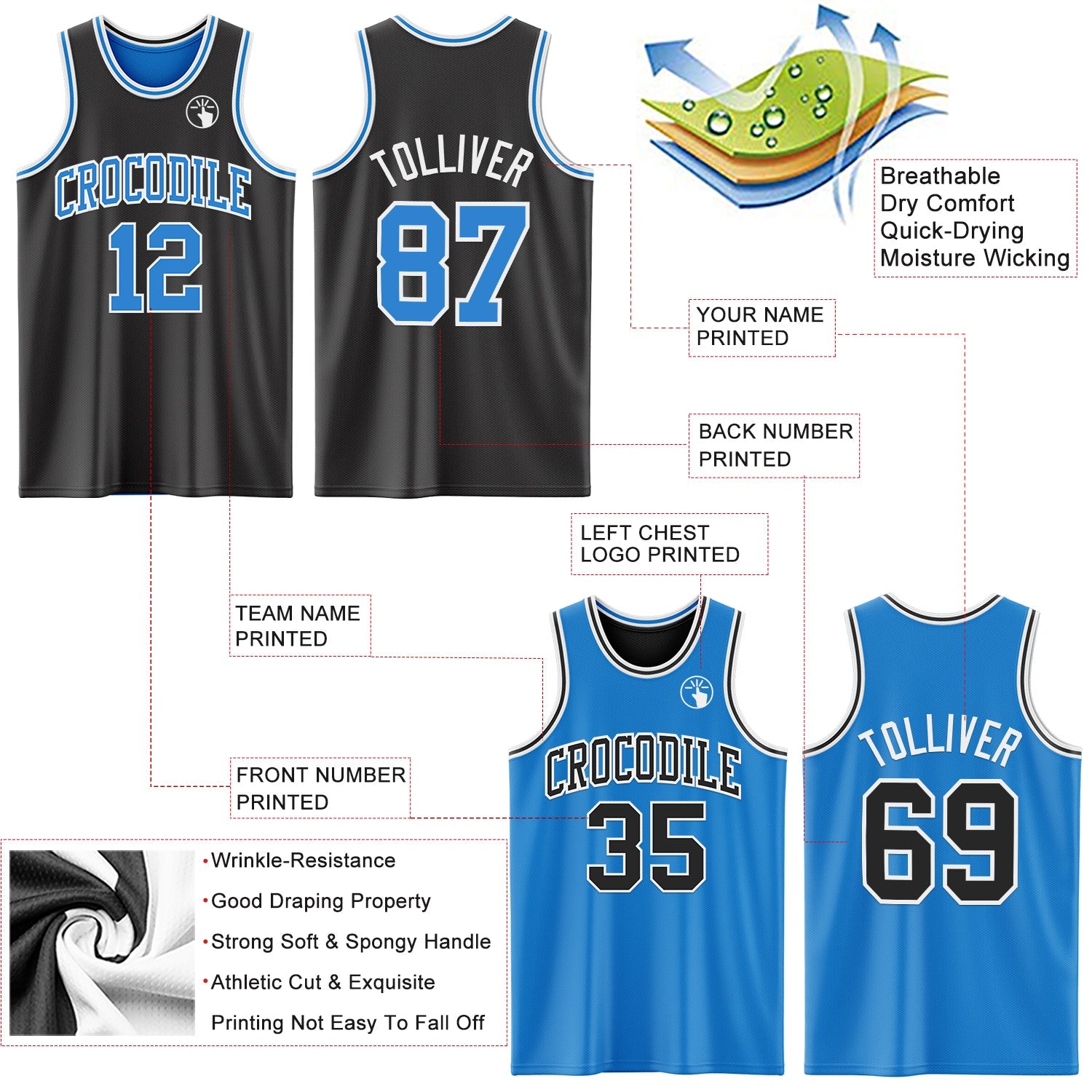 Custom Reversible Black Powder Blue-White Double Side Sublimation Basketball Set Jersey