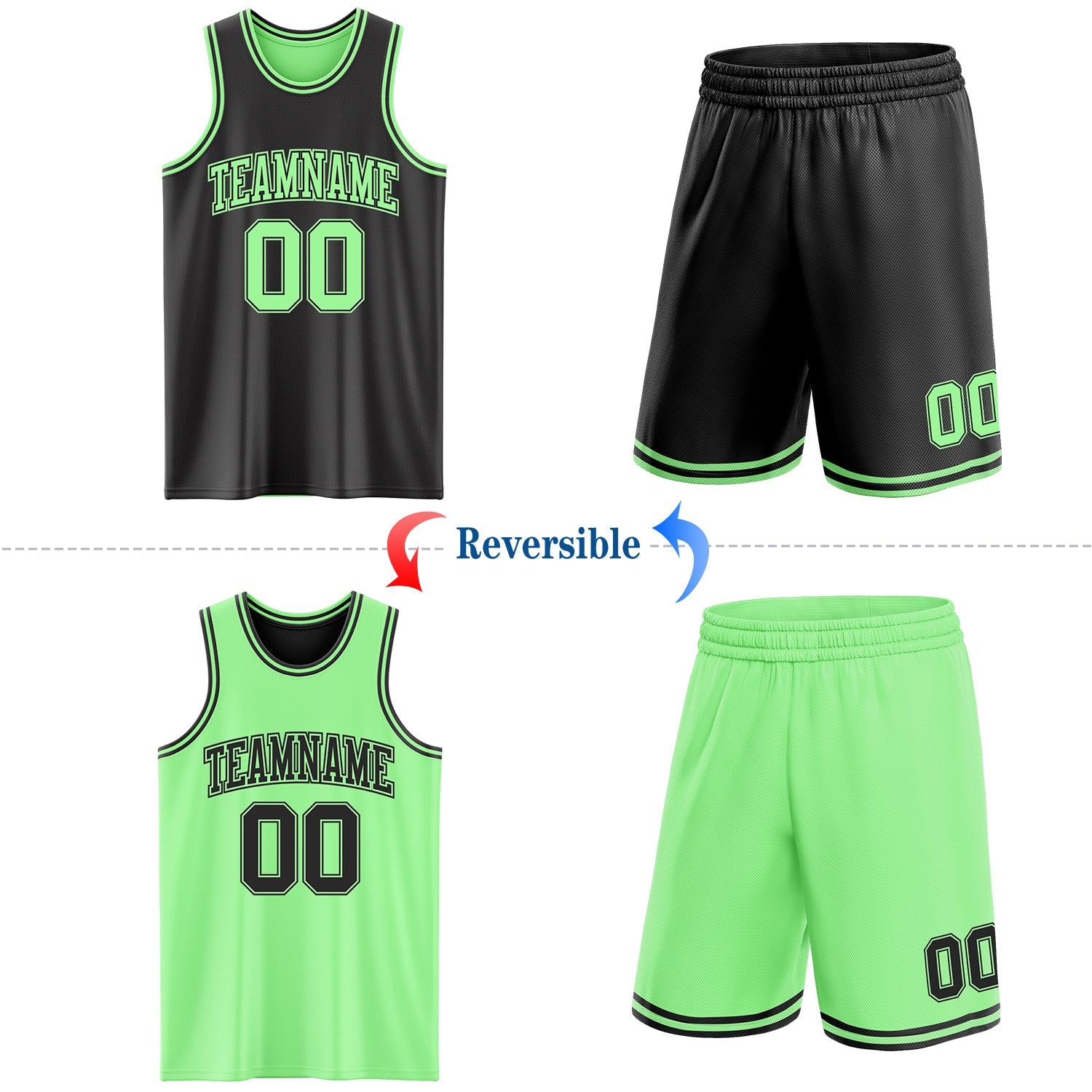 Custom Reversible Black Pea Green Double Side Sublimation Basketball Set Jersey